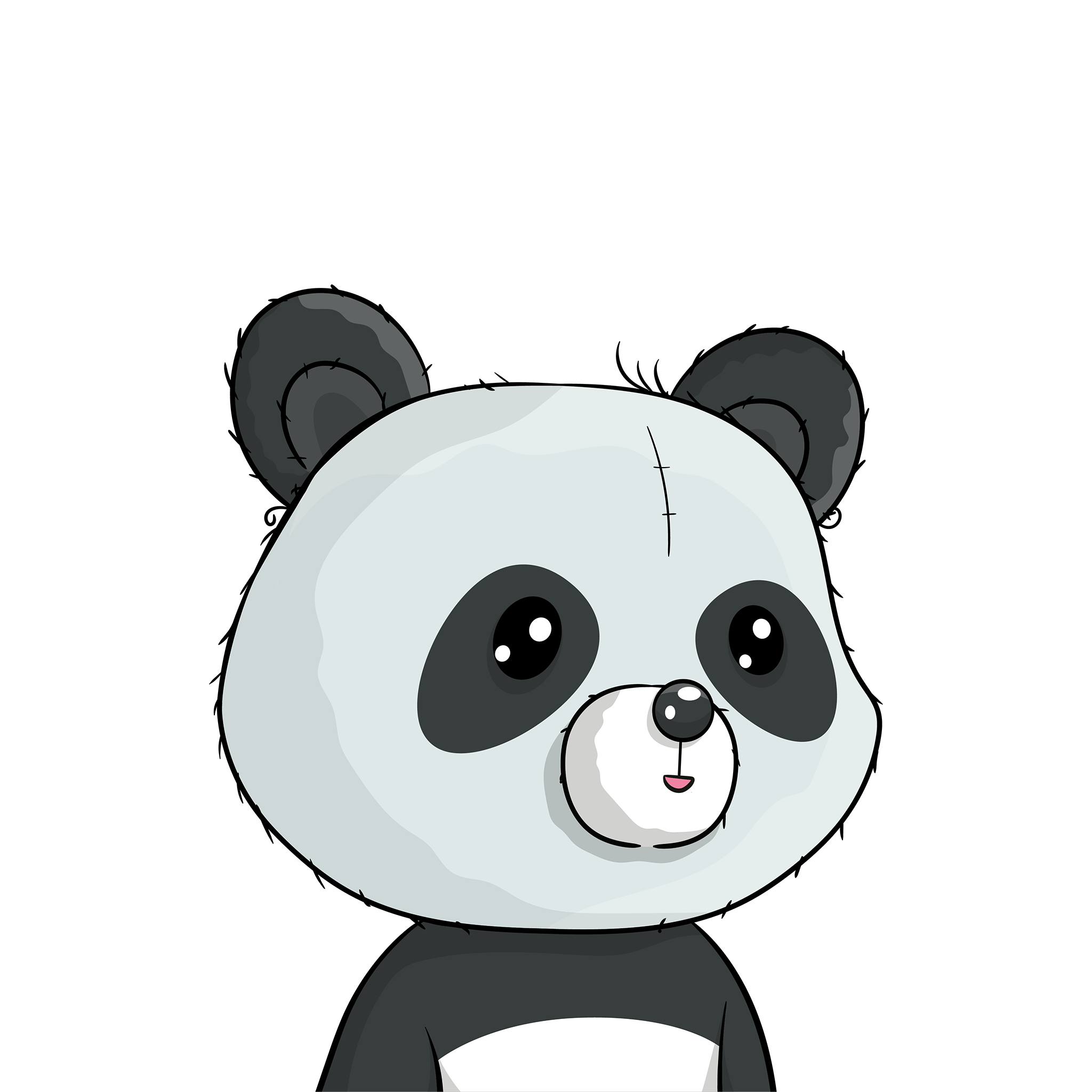Pandarino, with pale blue gray fur, dark inner ears, black eyes and a stitched forehead.